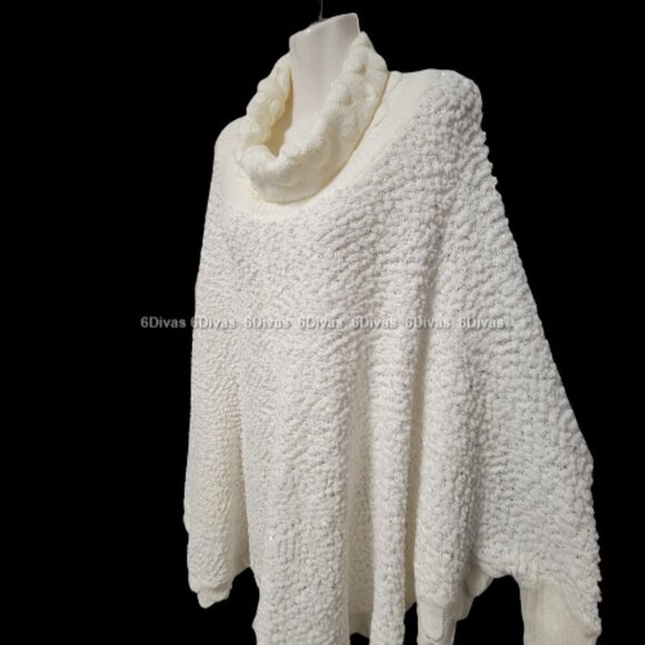 Glitter Sparkly Knit Long Sleeve Turtleneck White Poncho - Picture 3 of 11
